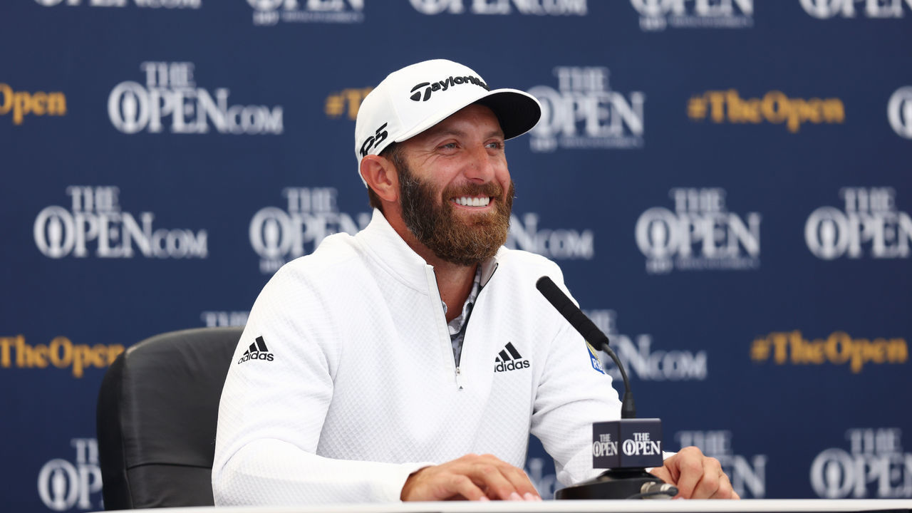 SANDWICH, ENGLAND - JULY 14: In this handout picture provided by the R&A, Dustin Johnson of The United States talks to the media during a press conference prior to The 149th Open at Royal St George’s Golf Club on July 14, 2021 in Sandwich, England.