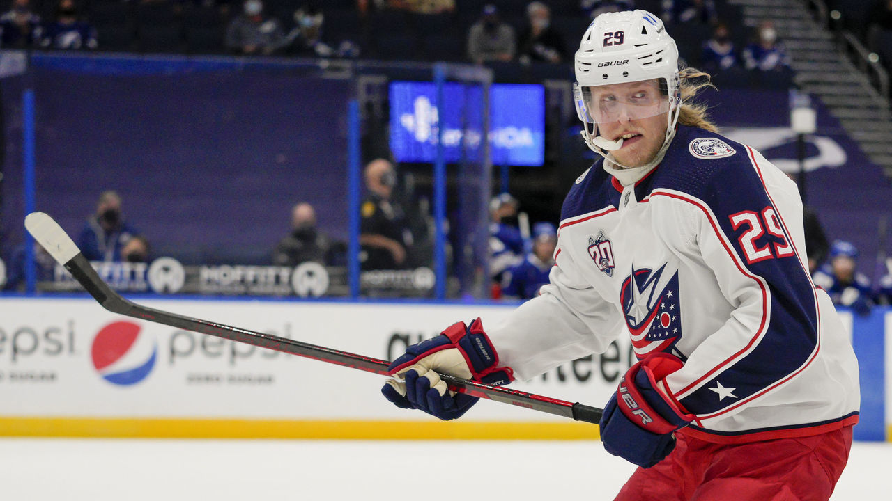 TAMPA, FL - APRIL 25: Columbus Blue Jackets right wing Patrik Laine (29) during the NHL Hockey match between the Tampa Bay Lightning and Columbus Blue Jackets on April 25, 2021 at Amalie Arena in Tampa, FL.