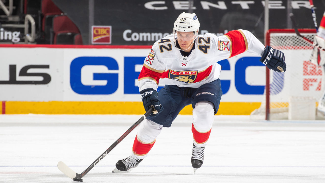 CHICAGO, IL - MARCH 25: Gustav Forsling (42) of the Florida Panthers skates with the puck during the second period at the United Center on March 25, 2021 in Chicago, Illinois.