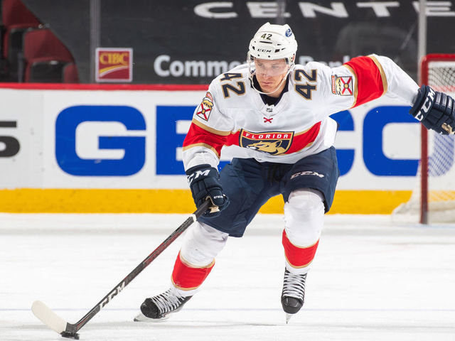 CHICAGO, IL - MARCH 25: Gustav Forsling (42) of the Florida Panthers skates with the puck during the second period at the United Center on March 25, 2021 in Chicago, Illinois.