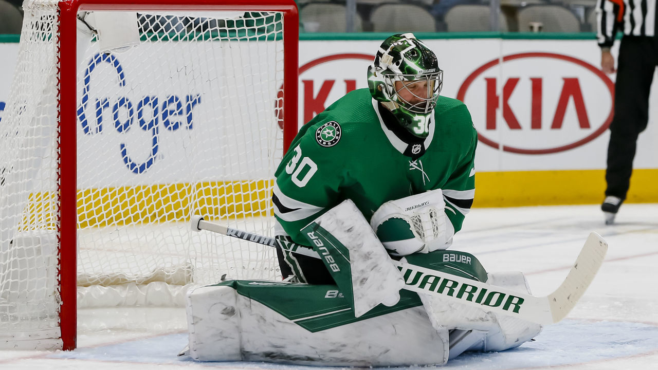 DALLAS, TX - MARCH 10: Dallas Stars goaltender Ben Bishop (30) blocks a shot during the game between the Dallas Stars and the New York Rangers on March 10, 2020 at American Airlines Center in Dallas, Texas.