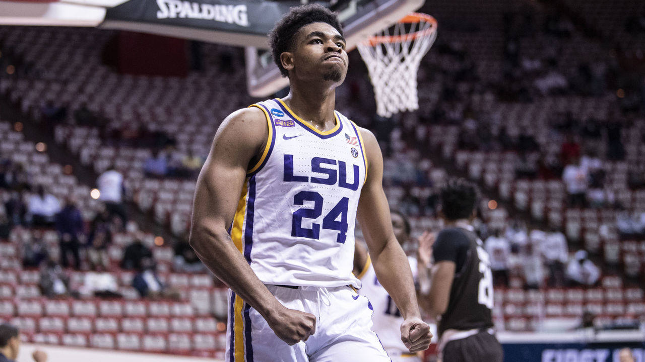 BLOOMINGTON, IN - MARCH 20: Cameron Thomas #24 of the LSU Tigers reacts in the first round of the 2021 NCAA Division I Mens Basketball Tournament against the St. Bonaventure Bonnies held at at Simon Skjodt Assembly Hall on March 20, 2021 in Bloomington, Indiana.
