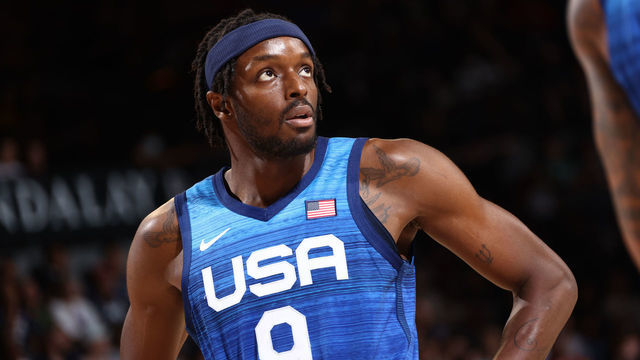 LAS VEGAS, NV - JULY 13: Jerami Grant #9 of the USA Men's National Team looks on during the game against the Argentina Men's National Team on July 13, 2021 at Michelob ULTRA Arena in Las Vegas, Nevada.