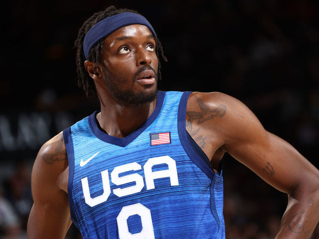 LAS VEGAS, NV - JULY 13: Jerami Grant #9 of the USA Men's National Team looks on during the game against the Argentina Men's National Team on July 13, 2021 at Michelob ULTRA Arena in Las Vegas, Nevada.