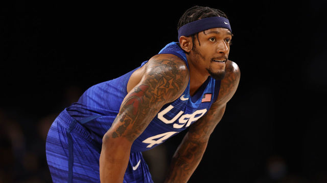 LAS VEGAS, NV - JULY 13: Bradley Beal #4 of the USA Men's National Team looks on during the game against the Argentina Men's National Team on July 13, 2021 at Michelob ULTRA Arena in Las Vegas, Nevada.