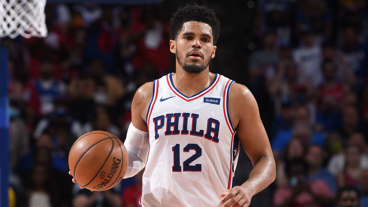 PHILADELPHIA, PA - JUNE 20: Tobias Harris #12 of the Philadelphia 76ers handles the ball against the Atlanta Hawks during Round 2, Game 7 of the Eastern Conference Playoffs on June 20, 2021 at Wells Fargo Center in Philadelphia, Pennsylvania. NOTE TO USER: User expressly acknowledges and agrees that, by downloading and/or using this Photograph, user is consenting to the terms and conditions of the Getty Images License Agreement. Mandatory Copyright Notice: Copyright 2021 NBAE