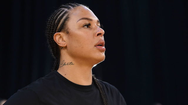 LOS ANGELES, CA - JULY 2: Liz Cambage #8 of the Las Vegas Aces looks on during the game against the Los Angeles Sparks on July 2, 2021 at Los Angeles Convention Center in Los Angeles, California. NOTE TO USER: User expressly acknowledges and agrees that, by downloading and/or using this Photograph, user is consenting to the terms and conditions of the Getty Images License Agreement. Mandatory Copyright Notice: Copyright 2021 NBAE