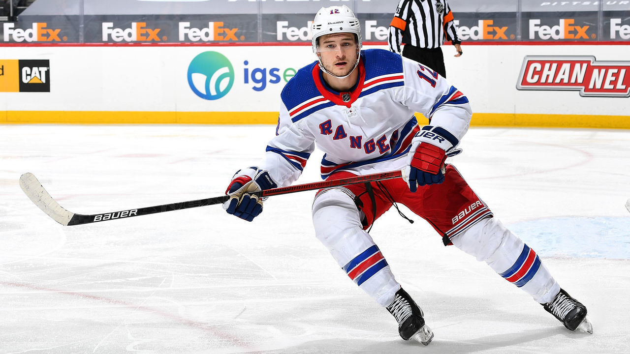 PITTSBURGH, PA - MARCH 07: Julien Gauthier #12 of the New York Rangers skates against the Pittsburgh Penguins at PPG PAINTS Arena on March 7, 2021 in Pittsburgh, Pennsylvania.