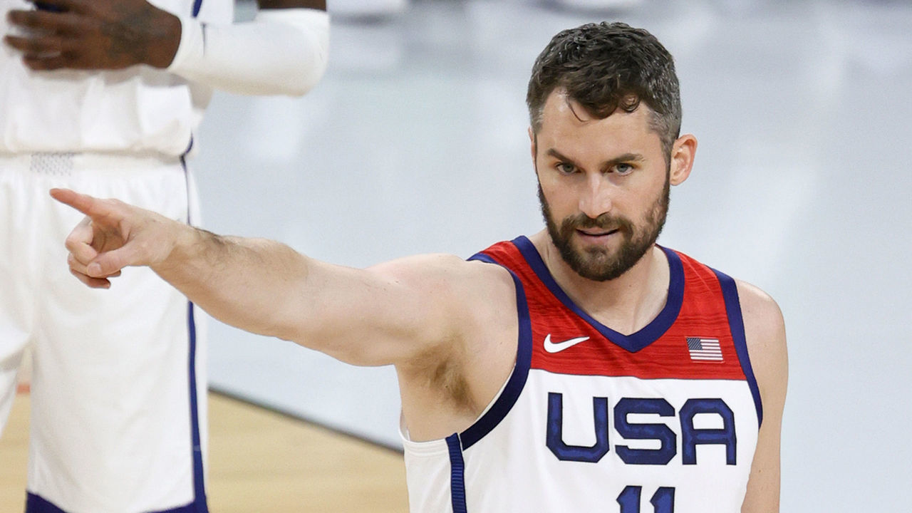 LAS VEGAS, NEVADA - JULY 10: Kevin Love #11 of the United States reacts after getting called for a foul during an exhibition game against Nigeria at Michelob ULTRA Arena ahead of the Tokyo Olympic Games on July 10, 2021 in Las Vegas, Nevada. Nigeria defeated the United States 90-87.