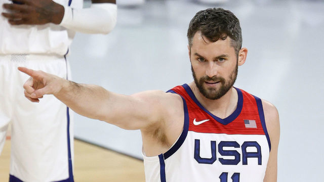 LAS VEGAS, NEVADA - JULY 10: Kevin Love #11 of the United States reacts after getting called for a foul during an exhibition game against Nigeria at Michelob ULTRA Arena ahead of the Tokyo Olympic Games on July 10, 2021 in Las Vegas, Nevada. Nigeria defeated the United States 90-87.