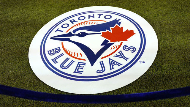 TORONTO, ON - MARCH 28: The Toronto Blue Jays team logo as seen on the on-deck circle before the Season Opener MLB game between the Detroit Tigers and Toronto Blue Jays on March 28, 2019 at Rogers Centre in Toronto, ON.