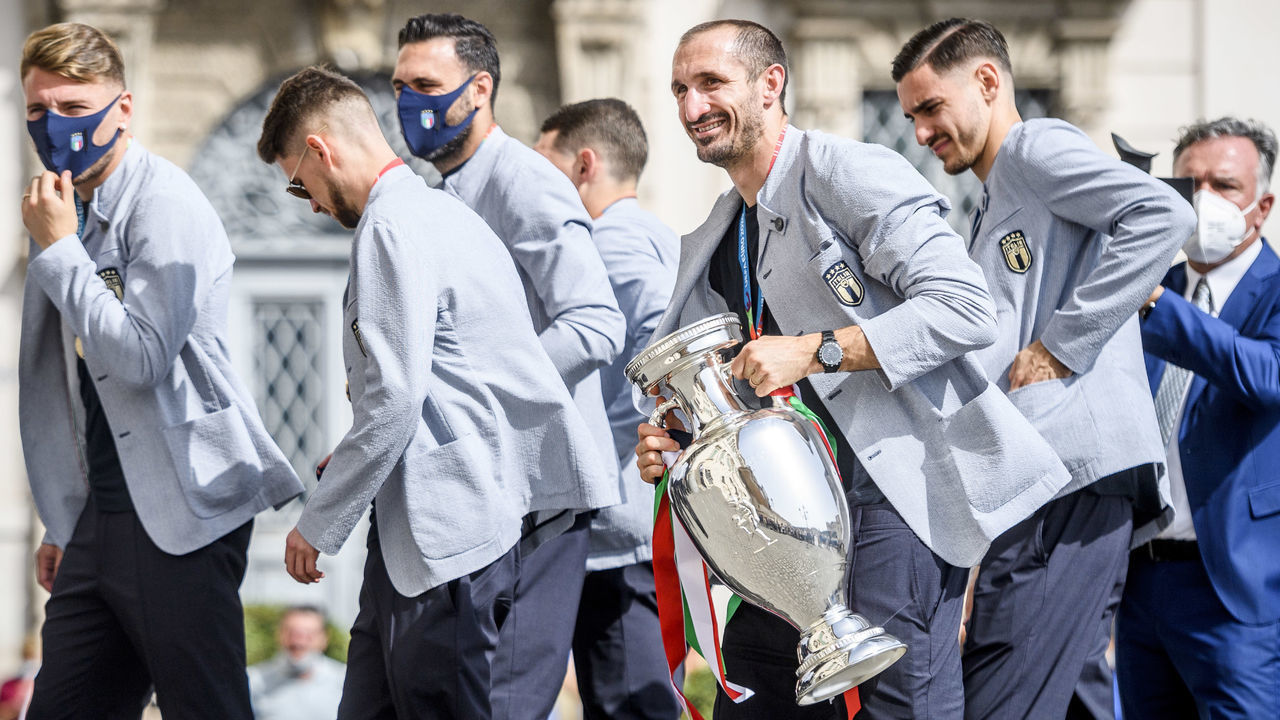 ROME, ITALY - JULY 12: Italian National football team enters at the Quirinale Palace to meet Italian President Sergio Mattarella, a day after they won the UEFA EURO 2020 final at Wembley Stadium against England, at Palazzo Chigi on July 12, 2021 in Rome, Italy.