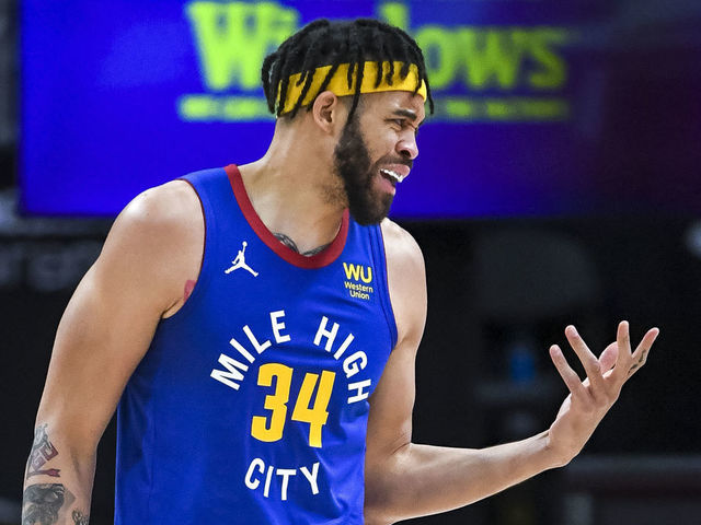 DETROIT, MICHIGAN - MAY 14: JaVale McGee #34 of the Denver Nuggets reacts against the Detroit Pistons during the second quarter of the NBA game at Little Caesars Arena on May 14, 2021 in Detroit, Michigan.