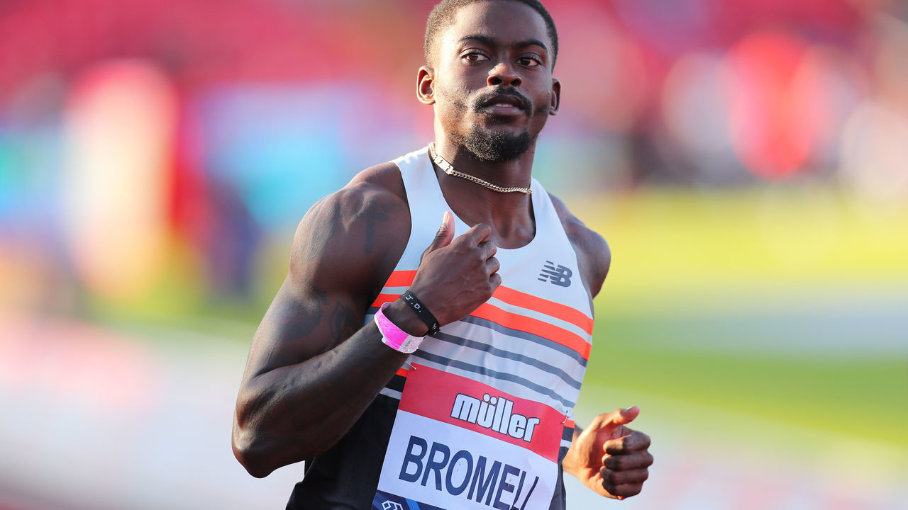 GATESHEAD, ENGLAND - JULY 13: Trayvon Bromell of the USA wins in the men's 100m during the Muller British Grand Prix, part of the Wanda Diamond League at Gateshead International Stadium on July 13, 2021 in Gateshead, England.