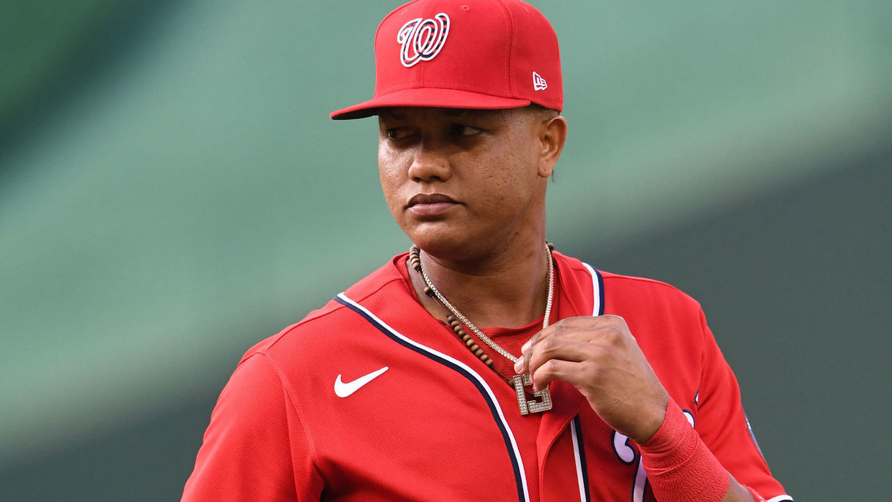 WASHINGTON, D.C. - JULY 03: Starlin Castro #13 of the Washington Nationals looks on before a baseball game against the Los Angeles Dodgers at Nationals Park on July 3, 2021 in Washington, DC.