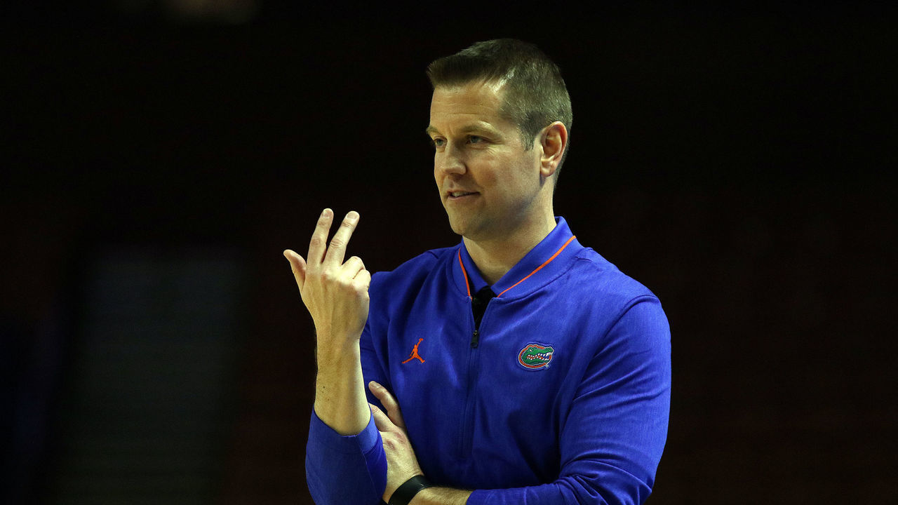 GREENVILLE, SC - MARCH 06: Cameron Newbauer head coach of Florida gives direction from the sidelines during the SEC Women's basketball tournament between the Florida Gators and the Ole Miss Rebels on March 6, 2019, at the Bon Secours Wellness Arena in Greenville, SC.