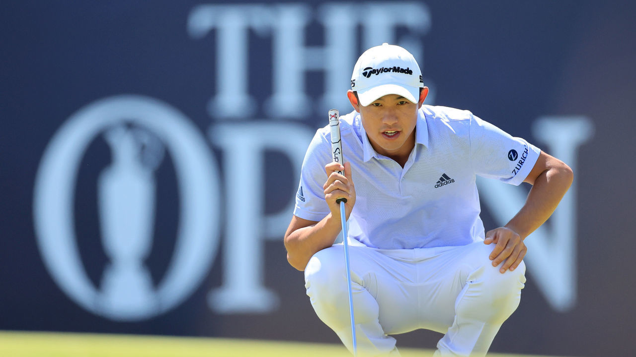 SANDWICH, ENGLAND - JULY 16: Collin Morikawa of United States lines up a putt on the 18th hole during Day Two of The 149th Open at Royal St George’s Golf Club on July 16, 2021 in Sandwich, England.