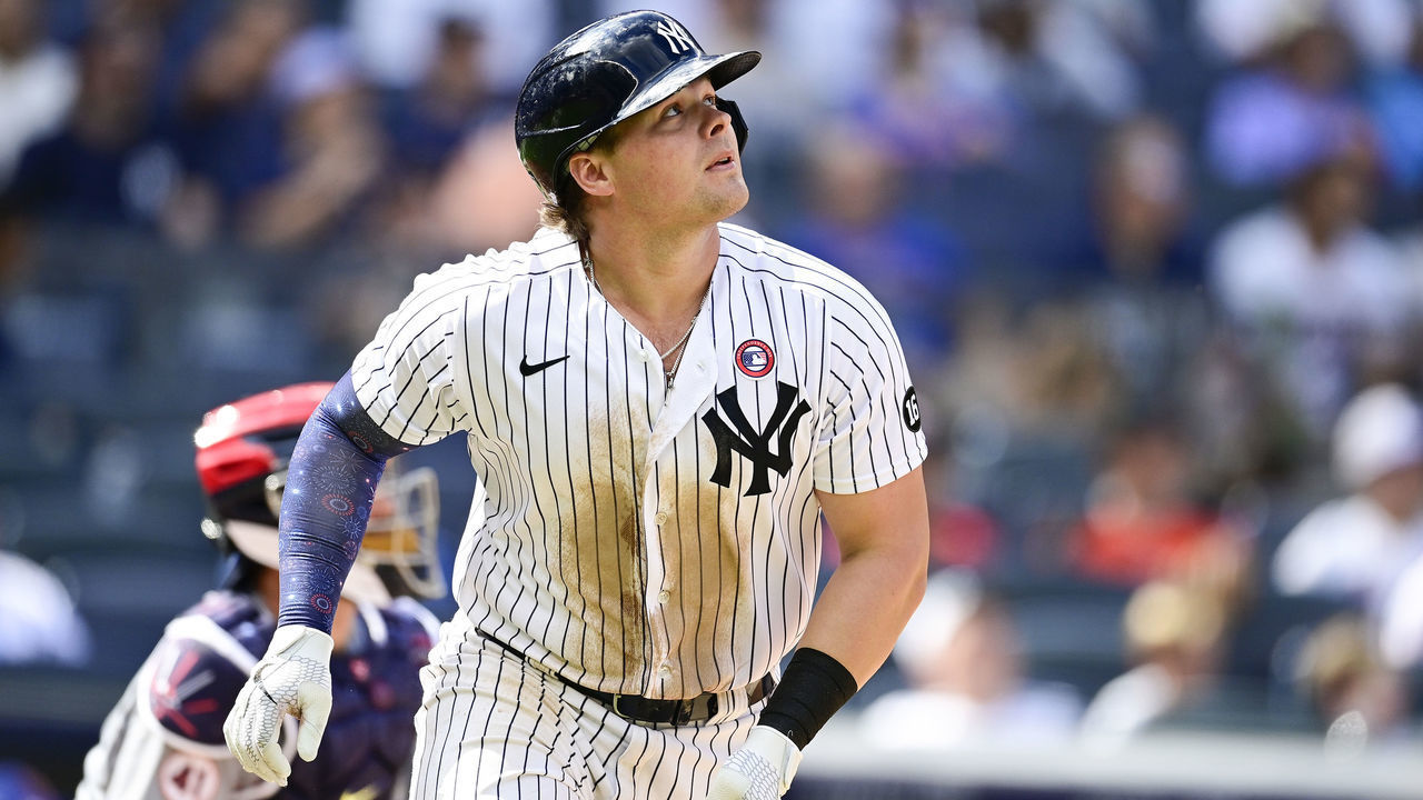 NEW YORK, NEW YORK - JULY 04: Luke Voit #59 of the New York Yankees swings at a pitch against the New York Mets during game one of a doubleheader at Yankee Stadium on July 04, 2021 in the Bronx borough of New York City.