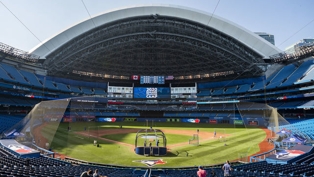 TORONTO, ON - JULY 09: Toronto Blue Jays players take part in batting practice during summer training camp at Rogers Centre on July 9, 2020 in Toronto, Canada.
