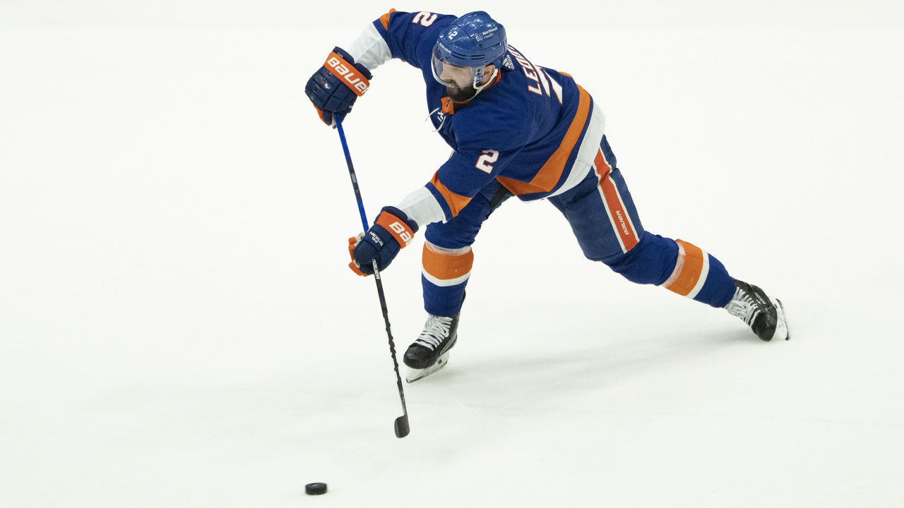 UNIONDALE, NY - JUNE 19: New York Islanders Defenseman Nick Leddy (2) takes a shot on goal during the second period of the National Hockey League Stanley Cup Playoff Semifinal game between the Tampa Bay Lightning and the New York Islanders on June 19, 2021, at the Nassau Veterans Memorial Coliseum in Uniondale, NY.