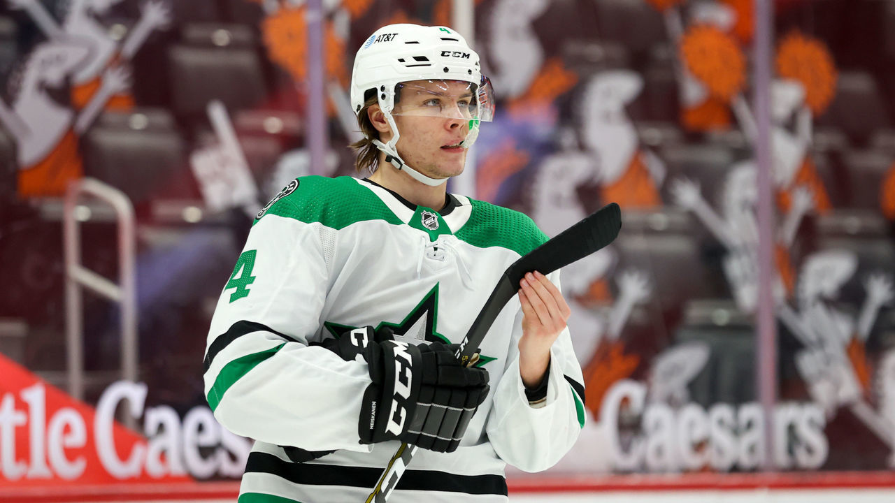 DETROIT, MI - MARCH 20: Dallas Stars defenceman Miro Heiskanen (4) on the ice during the first period of the National Hockey League game between the Dallas Stars and Detroit Red Wings on March 20, 2021 at Little Caesars Arena Center in Detroit, MI.