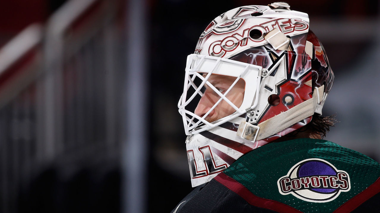 GLENDALE, ARIZONA - MAY 05: Goaltender Adin Hill #31 of the Arizona Coyotes during the NHL game against the Los Angeles Kings at Gila River Arena on May 05, 2021 in Glendale, Arizona. The Kings defeated the Coyotes 4-2.