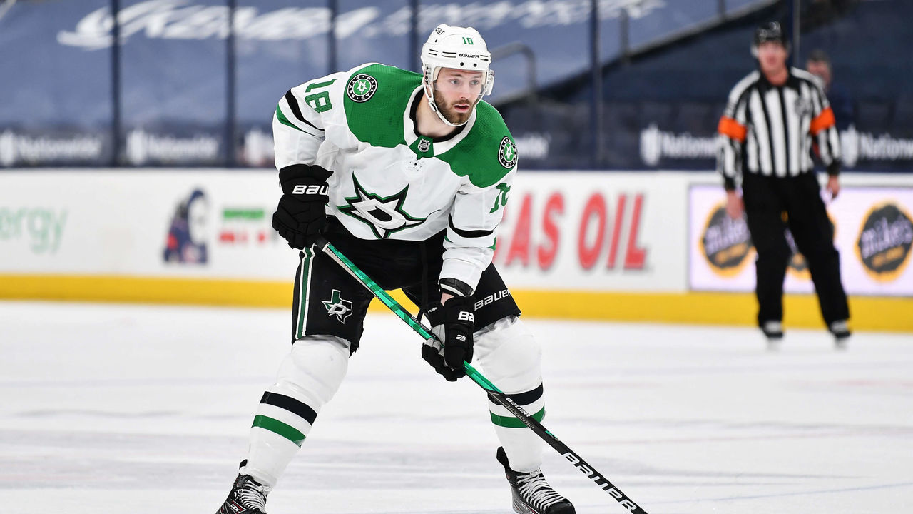 COLUMBUS, OH - MARCH 13: Jason Dickinson #18 of the Dallas Stars skates against the Columbus Blue Jackets at Nationwide Arena on March 13, 2021 in Columbus, Ohio.