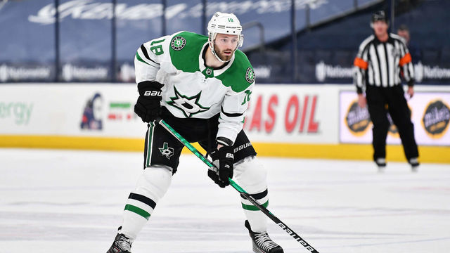 COLUMBUS, OH - MARCH 13: Jason Dickinson #18 of the Dallas Stars skates against the Columbus Blue Jackets at Nationwide Arena on March 13, 2021 in Columbus, Ohio.