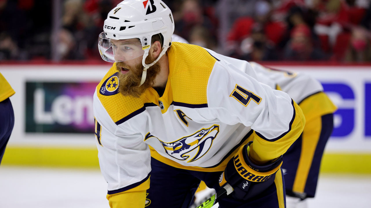 RALEIGH, NC - MAY 17: Ryan Ellis #4 of the Nashville Predators prepares for a face-off in Game One of the First Round of the 2021 Stanley Cup Playoffs against the Carolina Hurricanes on May 17, 2021 at PNC Arena in Raleigh, North Carolina.