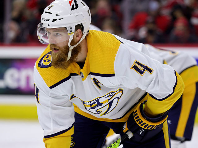 RALEIGH, NC - MAY 17: Ryan Ellis #4 of the Nashville Predators prepares for a face-off in Game One of the First Round of the 2021 Stanley Cup Playoffs against the Carolina Hurricanes on May 17, 2021 at PNC Arena in Raleigh, North Carolina.