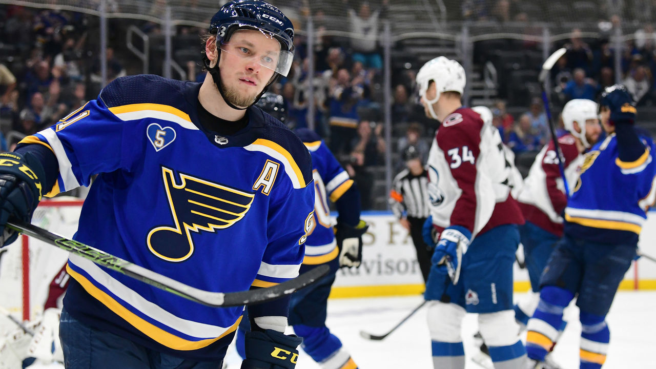 ST. LOUIS, MO - MAY 23: St. Louis Blues right wing Vladimir Tarasenko (91) after scoring in the third period during the fourth game of a first round Stanley Cup Playoff series between the Colorado Avalanche and the St. Louis Blues on May 23, 2021, at Enterprise Center, St. Louis, Mo. ,