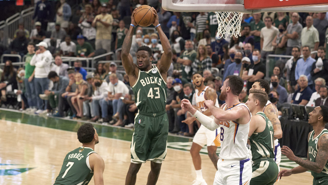 Basketball: NBA Finals: Milwaukee Bucks Thanasis Antetokounmpo (43) in action, rebounding vs Phoenix Suns at Fiserv Forum. Game 3.Milwaukee, WI 7/11/2021 CREDIT: Greg Nelson
