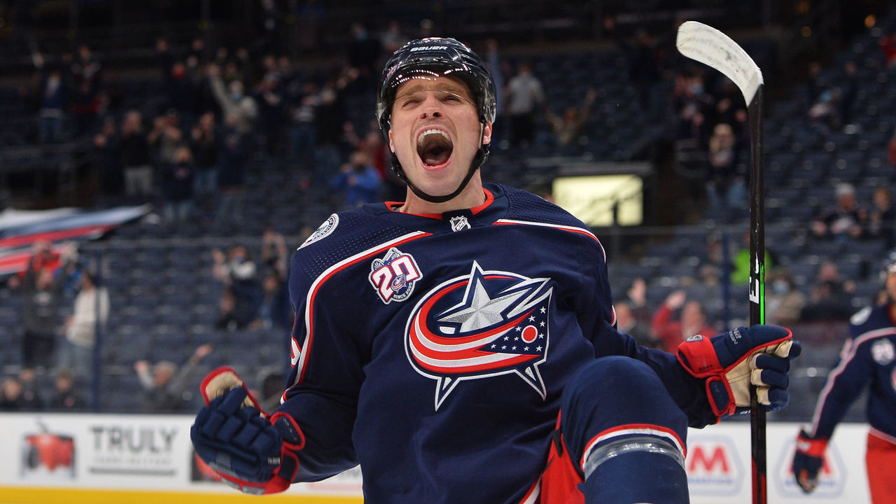 COLUMBUS, OH - MAY 8: Max Domi #16 of the Columbus Blue Jackets reacts after scoring the game-winning overtime goal in a game against the Detroit Red Wings at Nationwide Arena on May 8, 2021 in Columbus, Ohio.
