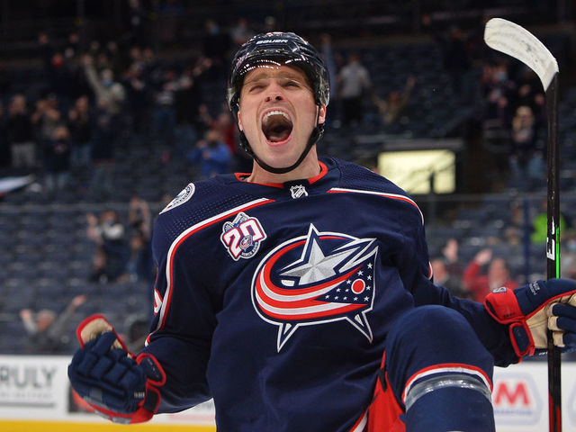 COLUMBUS, OH - MAY 8: Max Domi #16 of the Columbus Blue Jackets reacts after scoring the game-winning overtime goal in a game against the Detroit Red Wings at Nationwide Arena on May 8, 2021 in Columbus, Ohio.