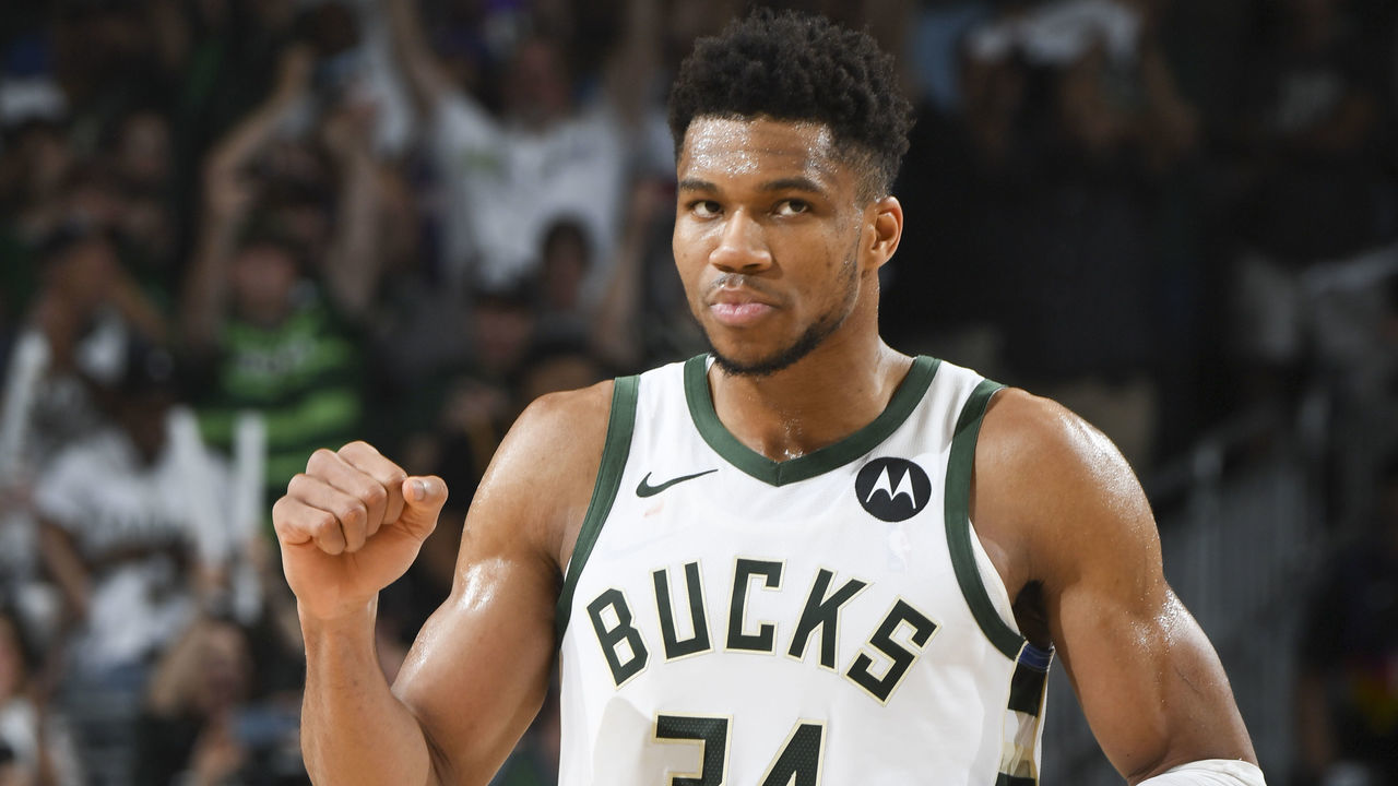 MILWAUKEE, WI - JULY 14: Giannis Antetokounmpo #34 of the Milwaukee Bucks celebrates after the game against the Phoenix Suns during Game Four of the 2021 NBA Finals on July 14, 2021 at the Fiserv Forum Center in Milwaukee, Wisconsin. Mandatory Copyright Notice: Copyright 2021 NBAE .