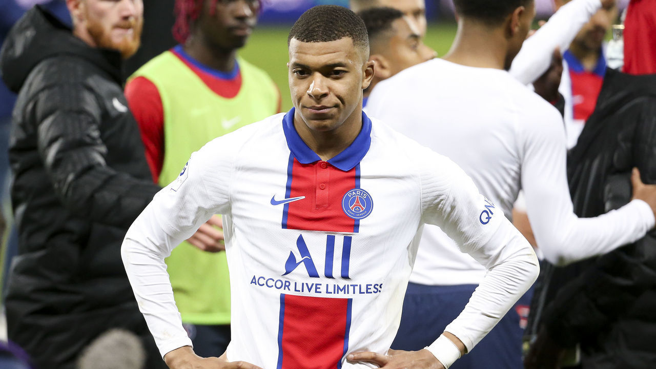 BREST, FRANCE - MAY 23: Kylian Mbappe of PSG during the Ligue 1 match between Stade Brestois 29 and Paris Saint-Germain (PSG) at Stade Francis Le Ble on May 23, 2021 in Brest, France.