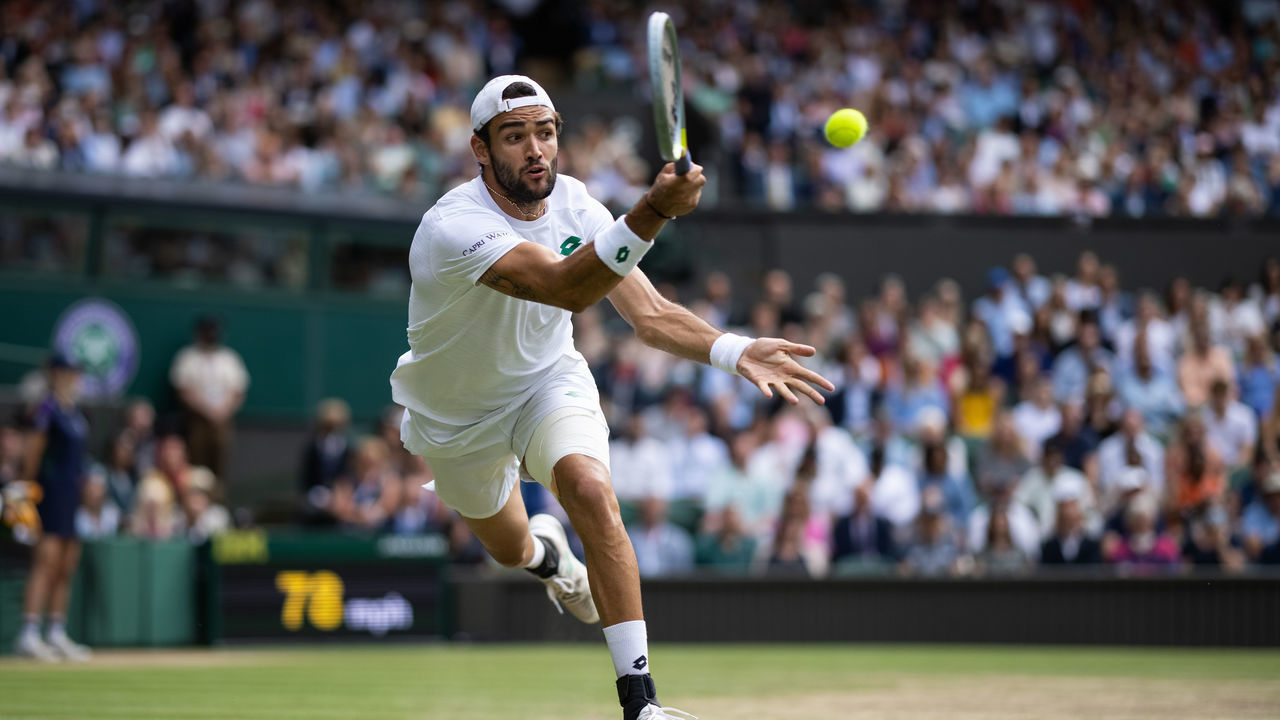 LONDON, ENGLAND - JULY 11: Matteo Berrettini of Italy in action during the Men's Singles Final against Novak Djokovic of Serbia (not pictured) at The Wimbledon Lawn Tennis Championship at the All England Lawn and Tennis Club at Wimbledon on July 11, 2021 in London, England.