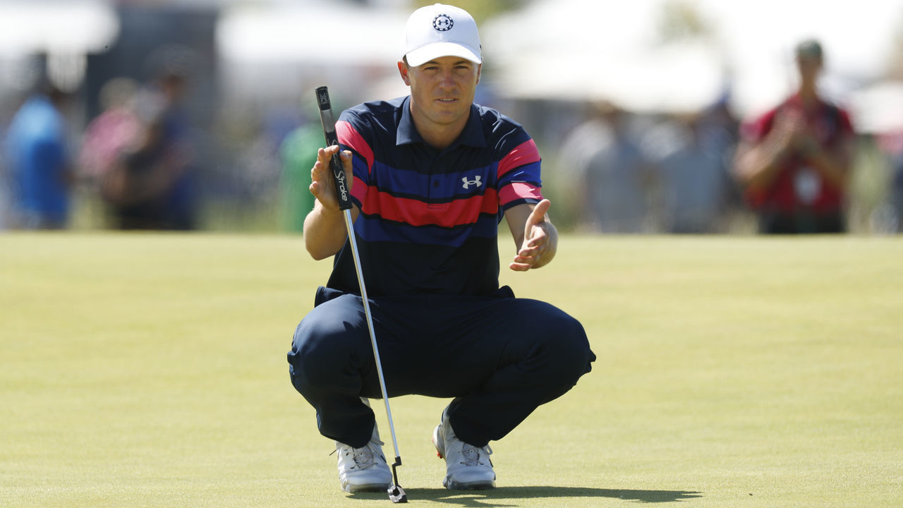 SANDWICH, ENGLAND - JULY 18: Jordan Spieth of the United States lines up a shot on the first hole during Day Four of The 149th Open at Royal St George’s Golf Club on July 18, 2021 in Sandwich, England.