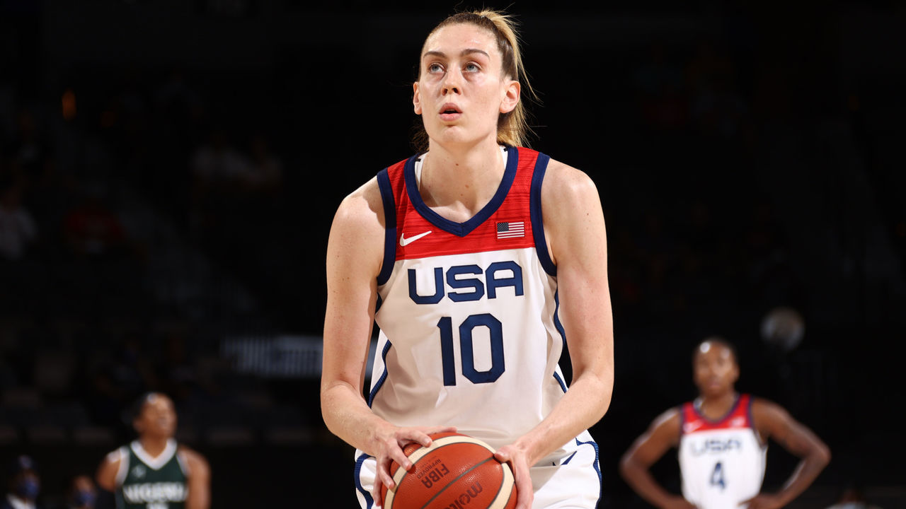 LAS VEGAS, NV - JULY 18: Breanna Stewart #10 of the USA Women's National Team looks on during the game against the Nigeria Women's National Team on July 18, 2021 at Michelob ULTRA Arena in Las Vegas, NV. Mandatory Copyright Notice: Copyright 2021 NBAE