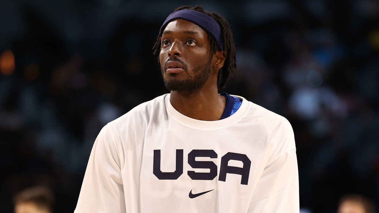 LAS VEGAS, NV - JULY 13: Jerami Grant #9 of the USA Men's National Team warms up before the game against the Argentina Men's National Team on July 13, 2021 at Michelob ULTRA Arena in Las Vegas, Nevada.