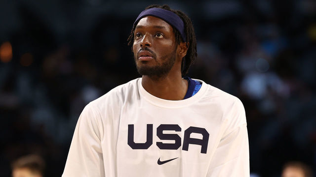 LAS VEGAS, NV - JULY 13: Jerami Grant #9 of the USA Men's National Team warms up before the game against the Argentina Men's National Team on July 13, 2021 at Michelob ULTRA Arena in Las Vegas, Nevada.