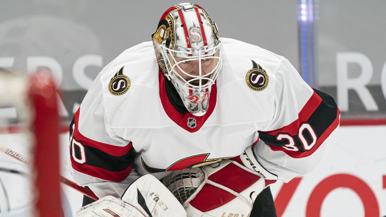 VANCOUVER, BC - APRIL 22: Goalie Matt Murray #30 of the Ottawa Senators during the pre-game warmup prior to NHL action against the Vancouver Canucks at Rogers Arena on April 22, 2021 in Vancouver, Canada.