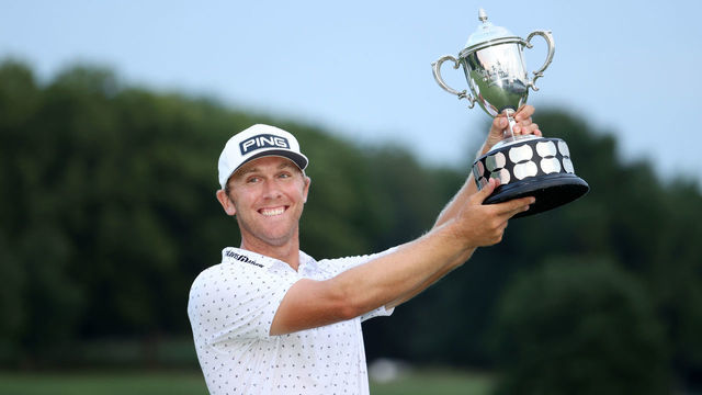 NICHOLASVILLE, KENTUCKY - JULY 18: Seamus Power of Ireland poses with the trophy after putting in to win on the 18th hole during the sixth playoff hole during the final round of the Barbasol Championship at Keene Trace Golf Club on July 18, 2021 in Nicholasville, Kentucky.