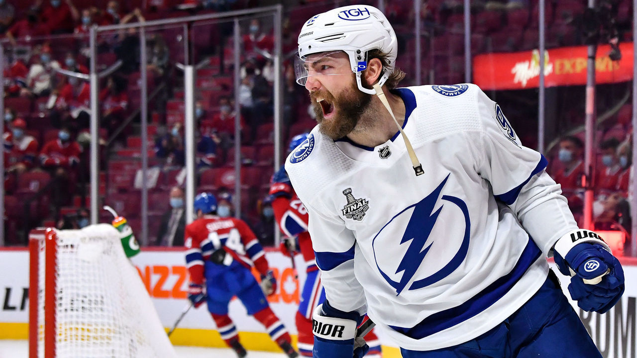 MONTREAL, QC - JULY 5: Barclay Goodrow #19 of the Tampa Bay Lightning celebrates after scoring a goal against the Montreal Canadiens in Game Four of the Stanley Cup Final of the 2021 Stanley Cup Playoffs at the Bell Centre on July 5, 2021 in Montreal, Quebec, Canada.