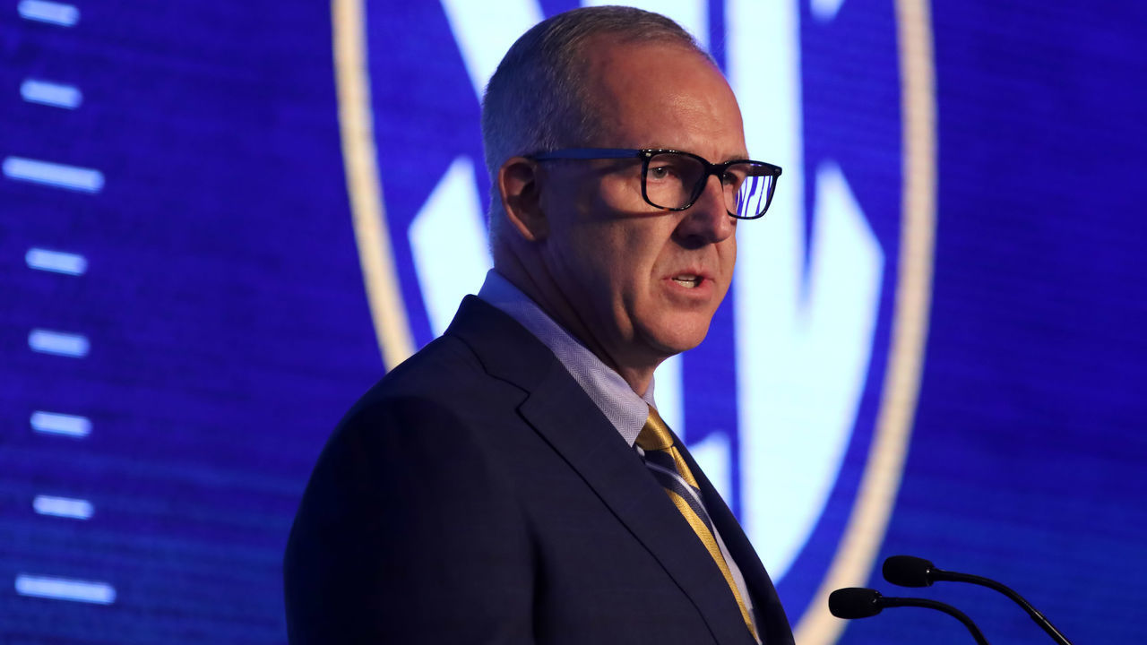 HOOVER, AL - JULY 15: SEC Commissioner Greg Sankey addresses the media at the 2019 SEC Football Media Days on July 15, 2019 at The Wynfrey Hotel in Hoover, Alabama.