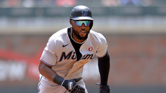 ATLANTA, GA - JULY 04: Starling Marte #6 of the Miami Marlins runs to third base in the fourth inning against the Atlanta Braves at Truist Park on July 4, 2021 in Atlanta, Georgia.