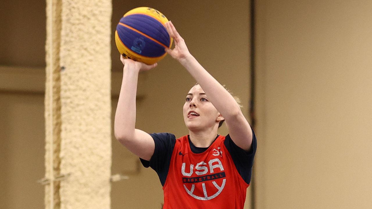 LAS VEGAS, NV - JULY 17: Katie Lou Samuelson #33 of the USA Women's National 3x3 Team shoots the ball during USAB Womens 3x3 National Team practice at the Mandalay Bay Convention Center on July 17, 2021 in Las Vegas, Nevada.