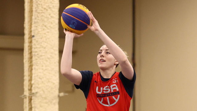 LAS VEGAS, NV - JULY 17: Katie Lou Samuelson #33 of the USA Women's National 3x3 Team shoots the ball during USAB Womens 3x3 National Team practice at the Mandalay Bay Convention Center on July 17, 2021 in Las Vegas, Nevada.