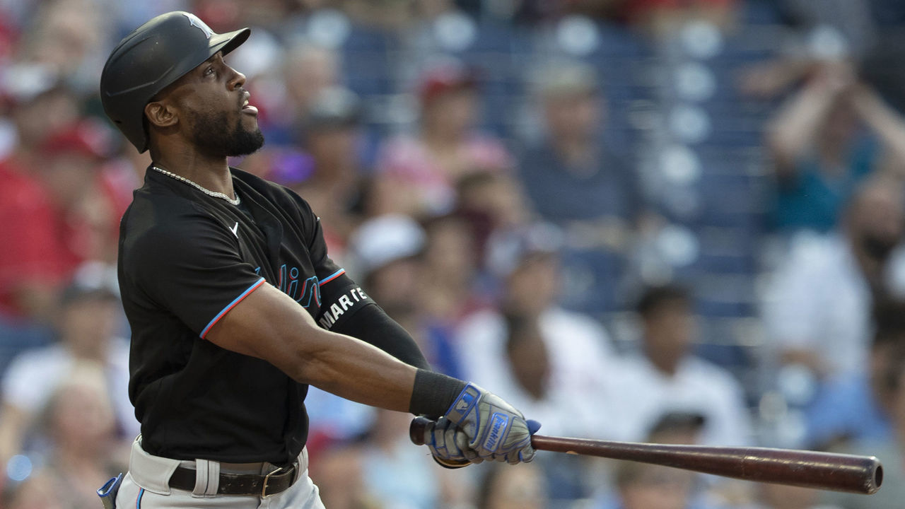 PHILADELPHIA, PA - JULY 16: Starling Marte #6 of the Miami Marlins hits a two run home run in the top of the first inning against the Philadelphia Phillies during Game Two of the doubleheader at Citizens Bank Park on July 16, 2021 in Philadelphia, Pennsylvania