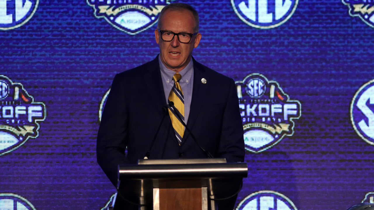 HOOVER, AL - JULY 15: SEC Commissioner Greg Sankey addresses the media at the 2019 SEC Football Media Days on July 15, 2019 at The Wynfrey Hotel in Hoover, Alabama.